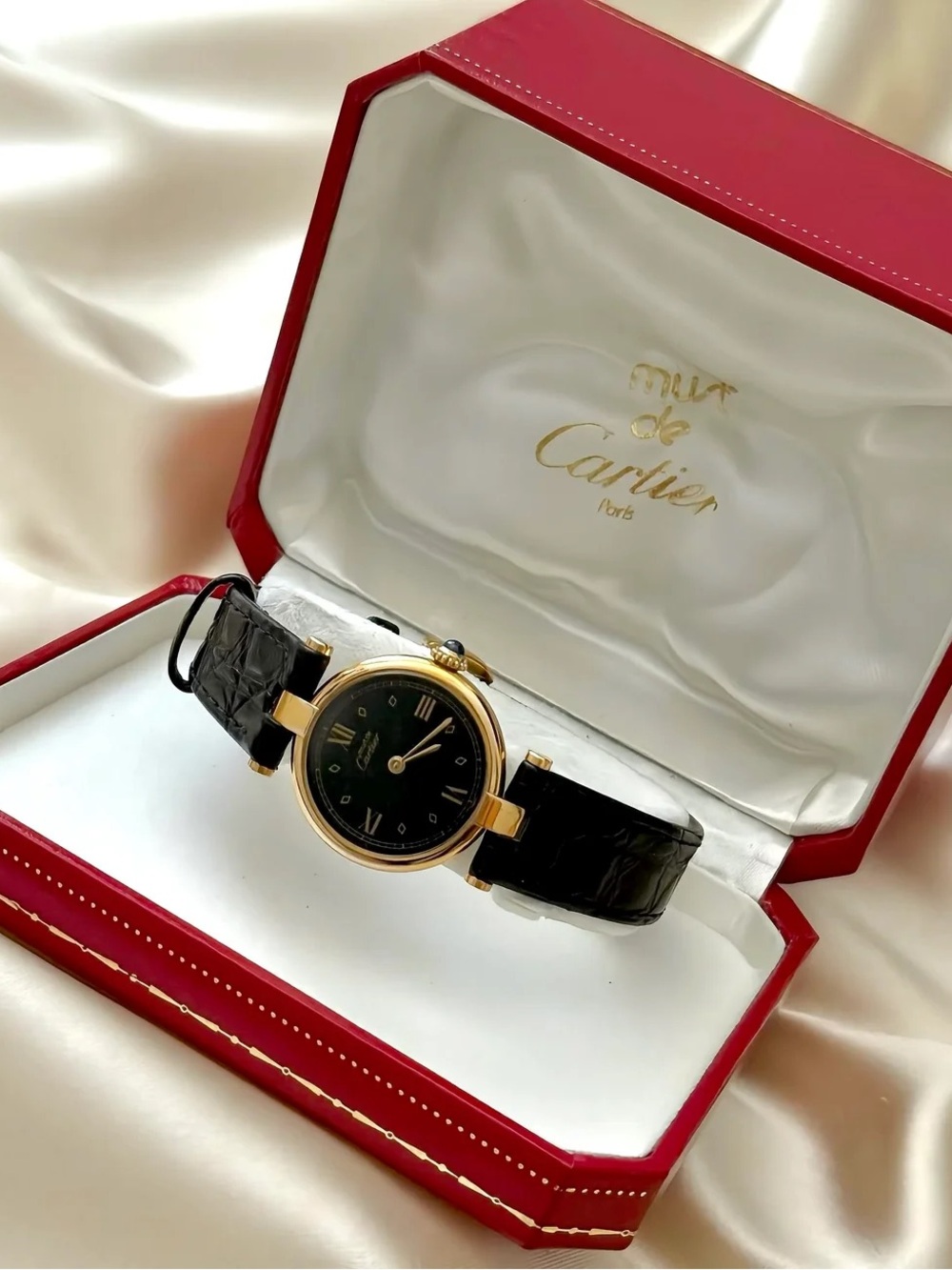 AUTHENTIC VINTAGE CARTIER BLACK LEATHER WATCH - WITH BOX
